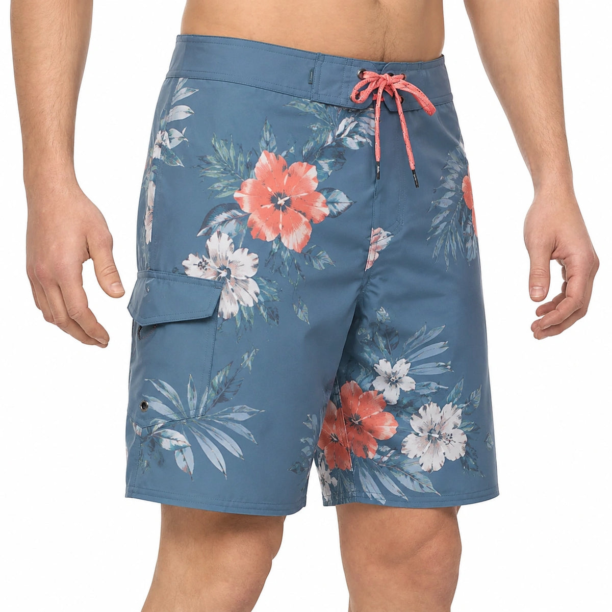 Bañador de hombre talla M de poliéster azul con estampado floral - cordón ajustable y bolsillo cargo