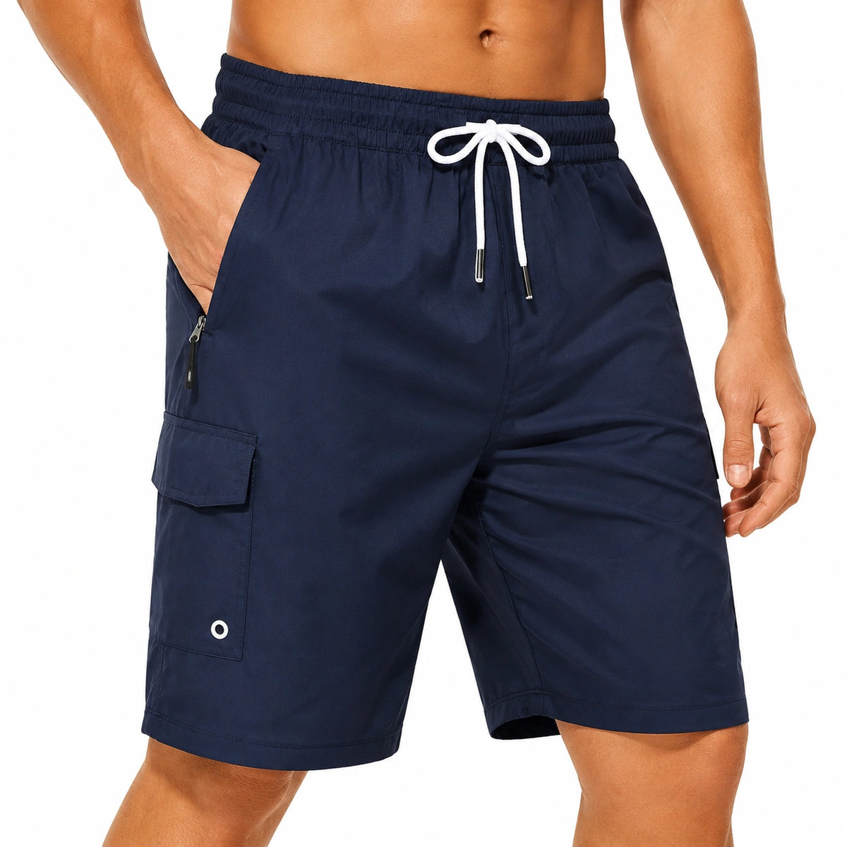 Bañador corto cargo para hombre talla L azul marino con bolsillos y cintura ajustable