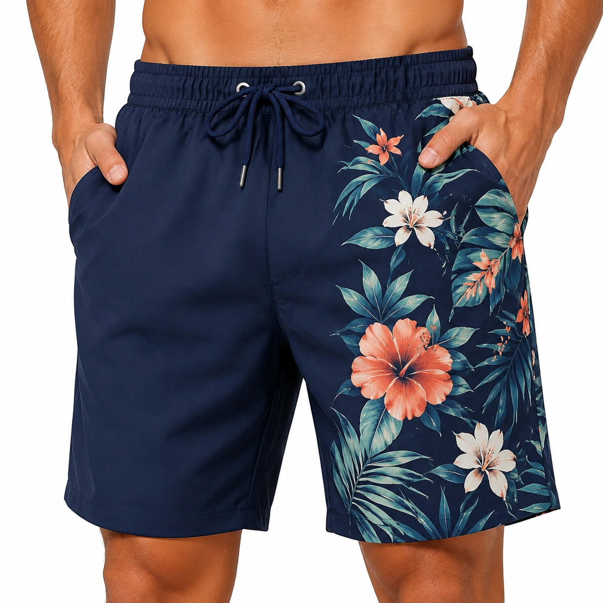 Bañador de hombre talla M azul marino con estampado floral y cordón ajustable