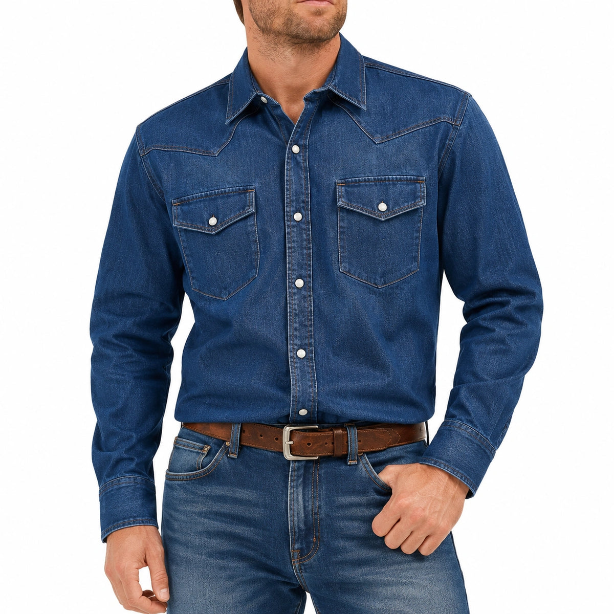 Camisa vaquera para hombre talla M azul de manga larga con bolsillos estilo western
