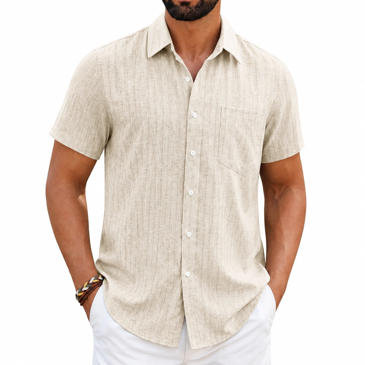 Camisa de hombre talla M de manga corta beige con tejido texturizado y bolsillo