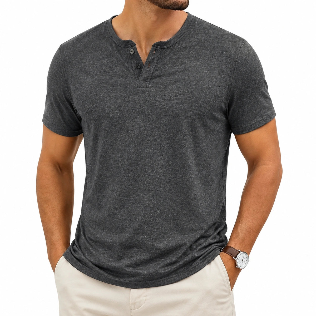 Camiseta henley de hombre talla M gris oscuro de manga corta estilo casual