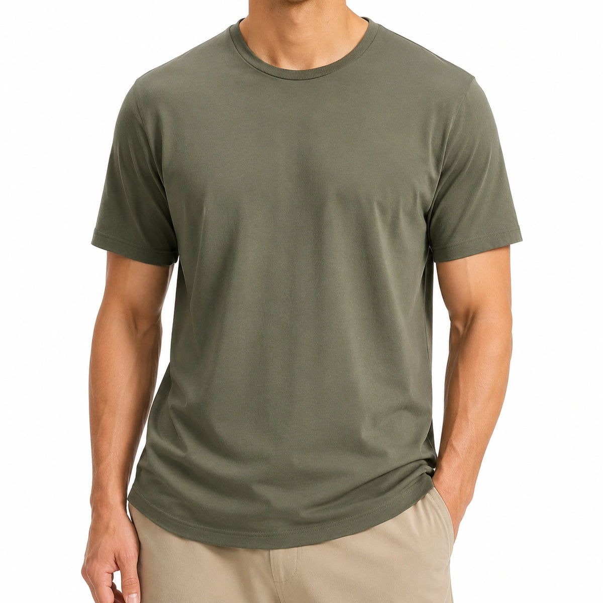 Camiseta de hombre talla L de tejido verde caqui - manga corta y cuello redondo