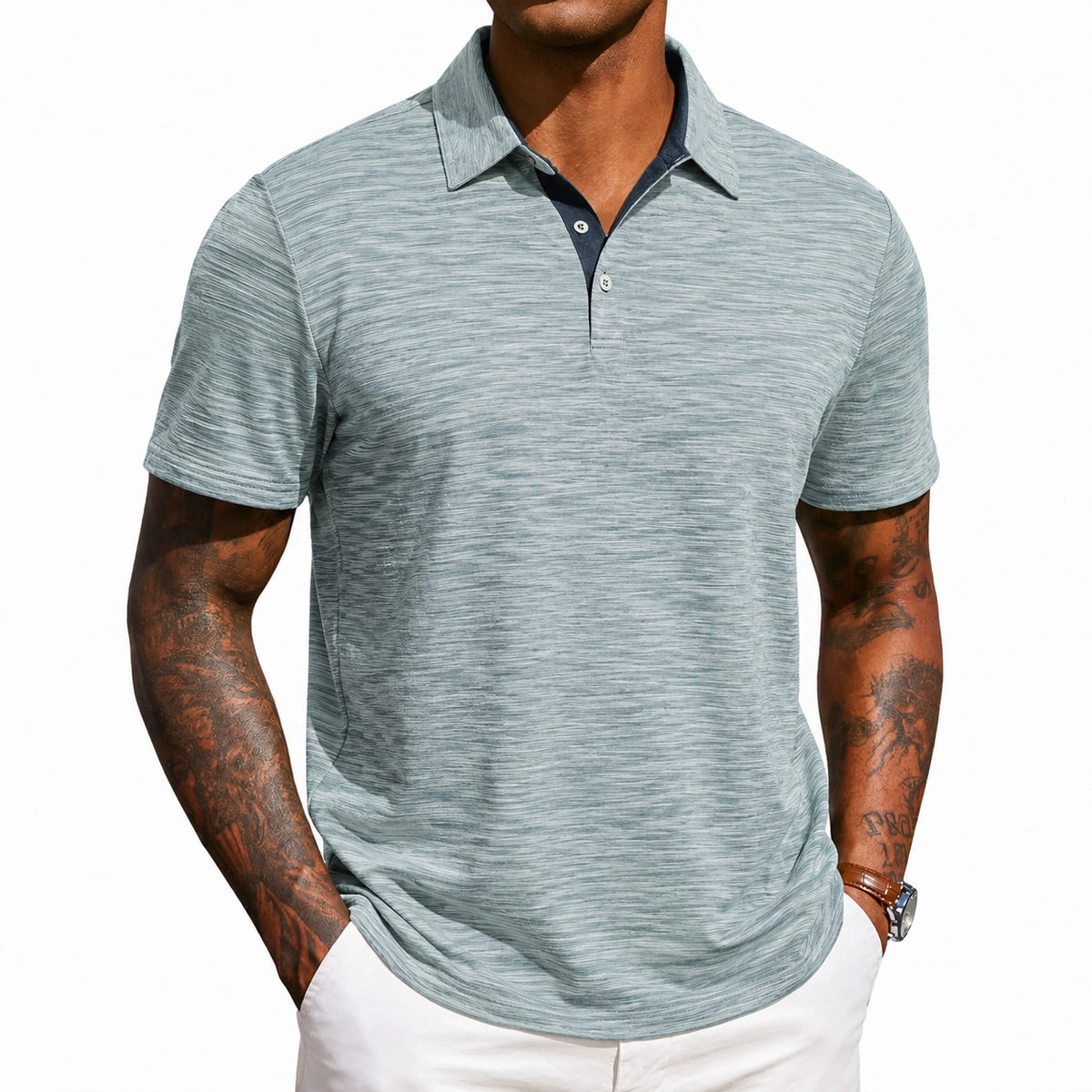Polo de hombre talla M azul grisáceo de manga corta con cuello y tapeta de botones