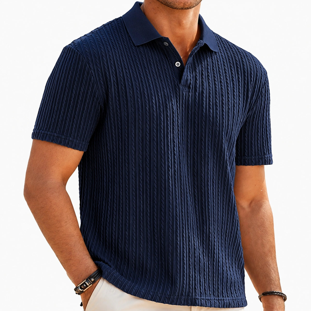 Polo de hombre talla M azul marino de punto texturizado de manga corta