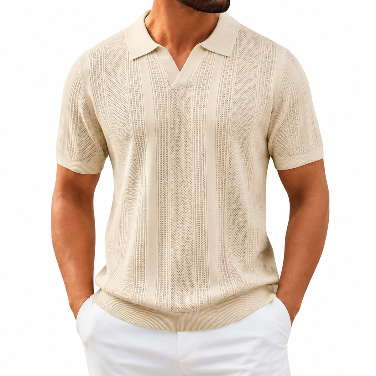 Polo de punto para hombre talla L beige de manga corta con textura calada